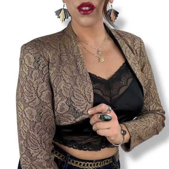 1970's BARI JARY metallic gold and black knit cropped evening jacket bolero